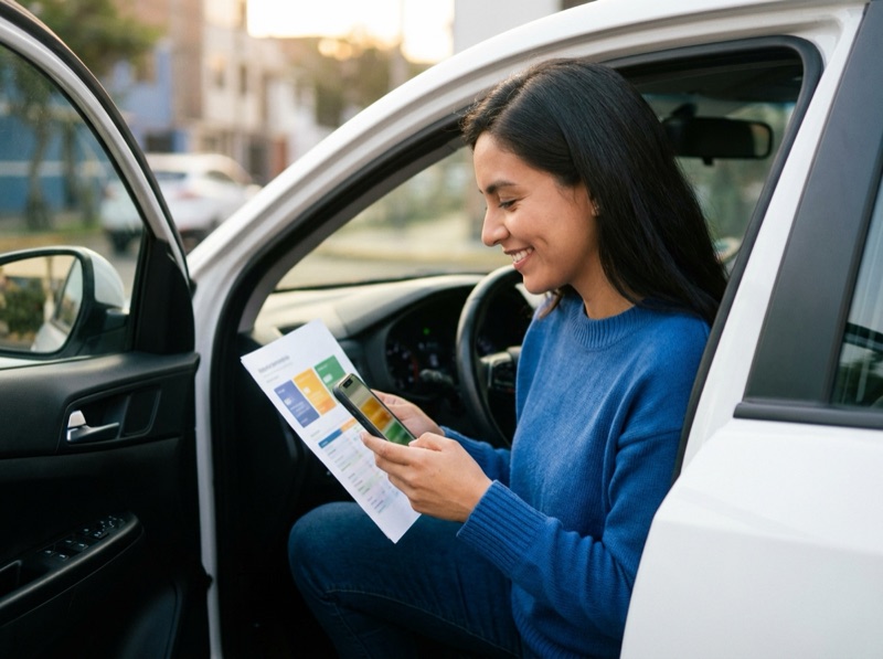 Clienta revisando su informe vehicular en el auto