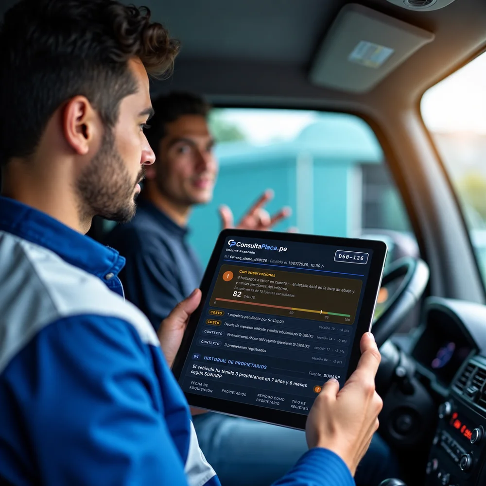 Dos personas revisando un informe vehicular en una tablet dentro de un auto
