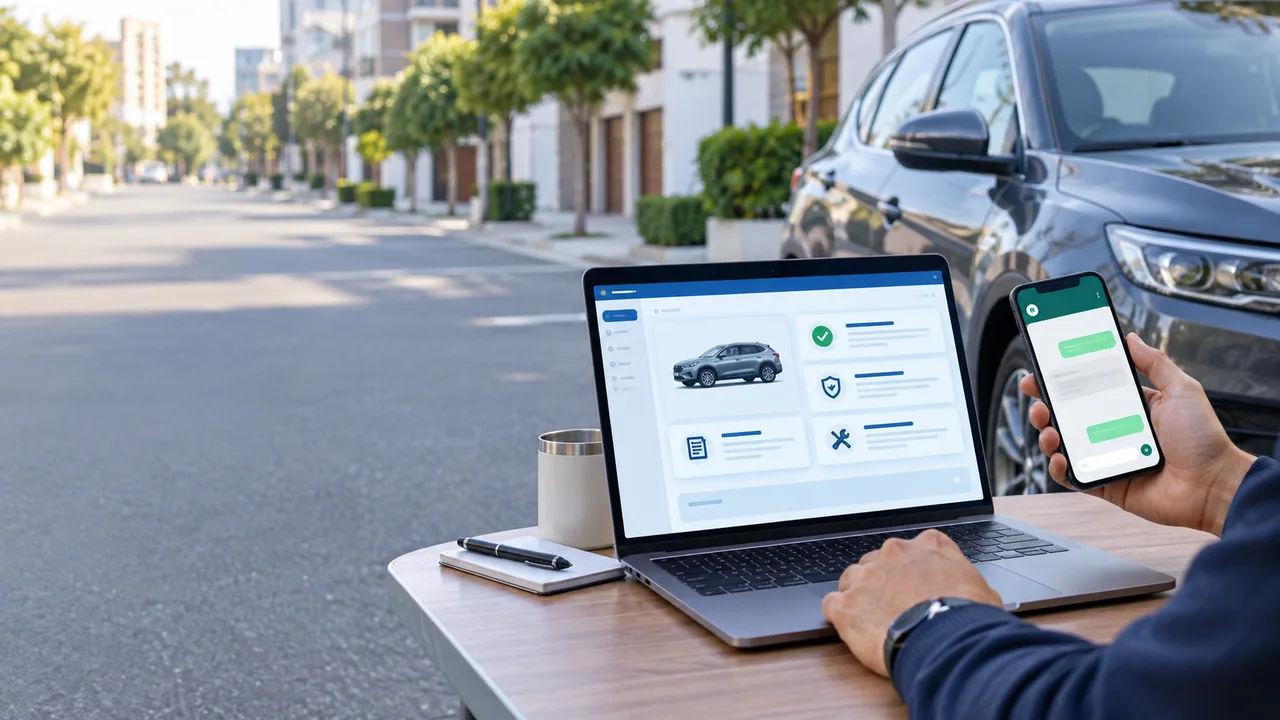 Persona revisando un informe vehicular y una conversación de WhatsApp