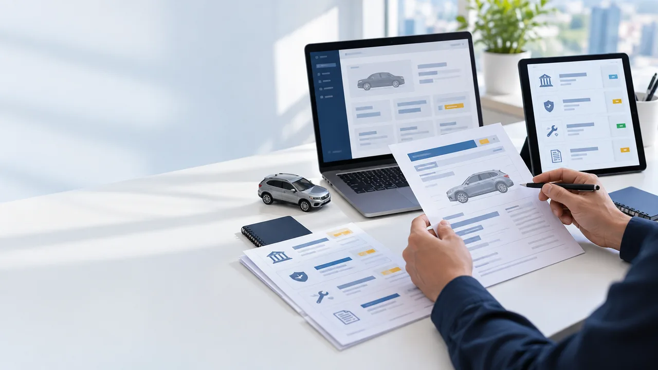 Analista comparando varias fuentes para elaborar un informe vehicular